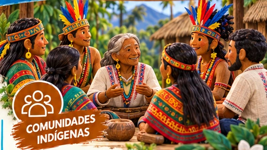 Comunidad indígena reunida en círculo, representada en estilo stop motion